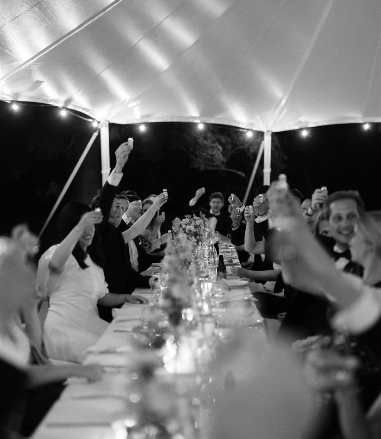 Deutsch: Gäste und Hochzeitspaar stoßen an, sitzend an der langen festlich gedeckten Tafel Englisch: Guests and wedding couple toast, sitting at the long festively set table