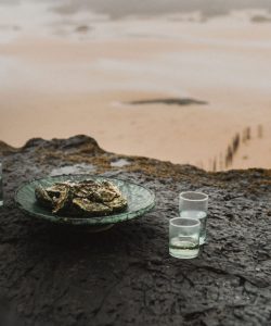 Deutsch: Abendessen mit Austern am Strand Englisch: Dinner with oyster on the beach